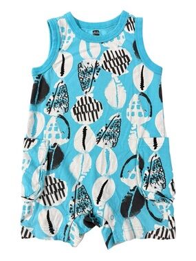 Tea Collection Baby Romper 12-18 Months Blue Shell Print Pocket Cotton Romper